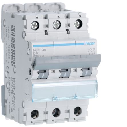Hager Hager NGN Circuit Breaker, 3P, 40A Curve D, 400V AC, 10 kA Breaking Capacity [NGN340]; 599-790