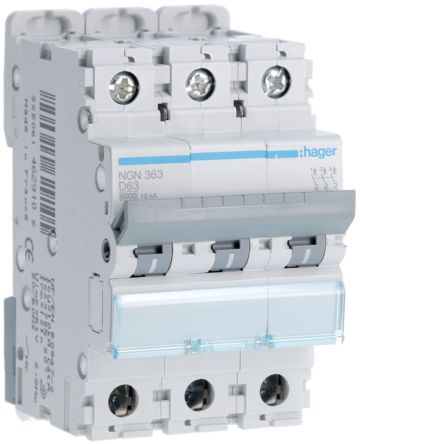 Hager Hager NGN Circuit Breaker, 3P, 63A Curve D, 400V AC, 10 kA Breaking Capacity [NGN363]; 599-791