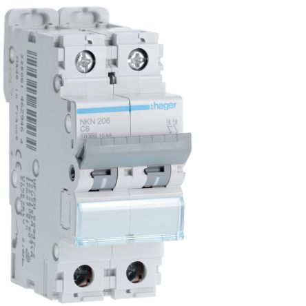 Hager Hager NKN Circuit Breaker, 2P, 6A Curve C, 400V AC, 15 kA Breaking Capacity [NKN206]; 599-792