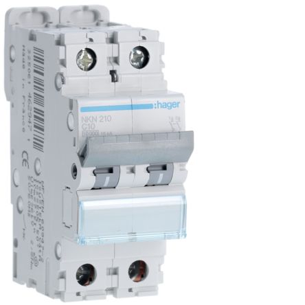 Hager Hager NKN Circuit Breaker, 2P, 10A Curve C, 400V AC, 15 kA Breaking Capacity [NKN210]; 599-793