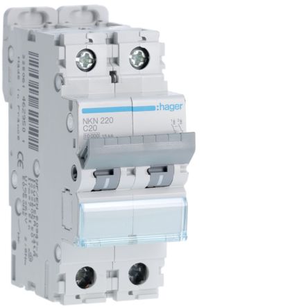 Hager Hager NKN Circuit Breaker, 2P, 20A Curve C, 400V AC, 15 kA Breaking Capacity [NKN220]; 599-794