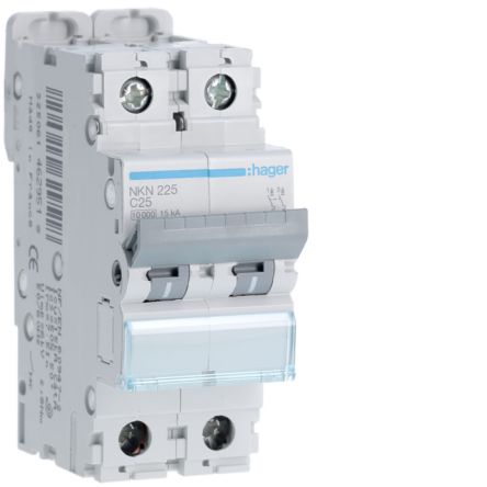 Hager Hager NKN Circuit Breaker, 2P, 25A Curve C, 400V AC, 15 kA Breaking Capacity [NKN225]; 599-795