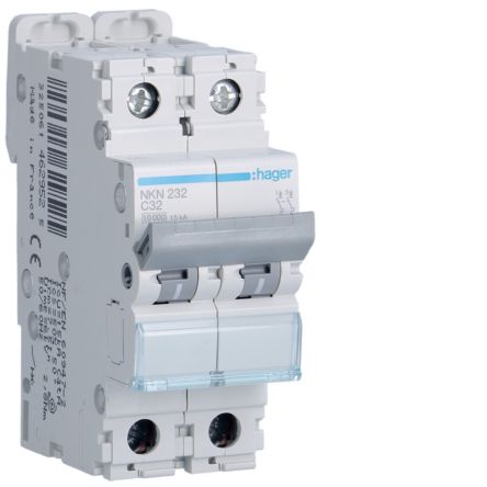 Hager Hager NKN Circuit Breaker, 2P, 32A Curve C, 400V AC, 15 kA Breaking Capacity [NKN232]; 599-797