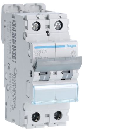 Hager Hager NKN Circuit Breaker, 2P, 63A Curve C, 400V AC, 15 kA Breaking Capacity [NKN263]; 599-798