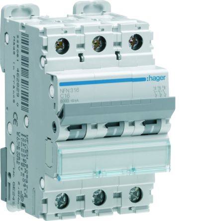 Hager Hager NKN Circuit Breaker, 3P, 6A Curve C, 400V AC, 15 kA Breaking Capacity [NKN306]; 599-799