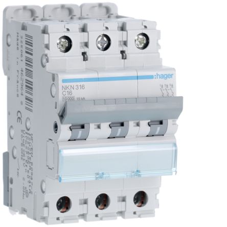 Hager Hager NKN Circuit Breaker, 3P, 16A Curve C, 400V AC, 15 kA Breaking Capacity [NKN316]; 599-800