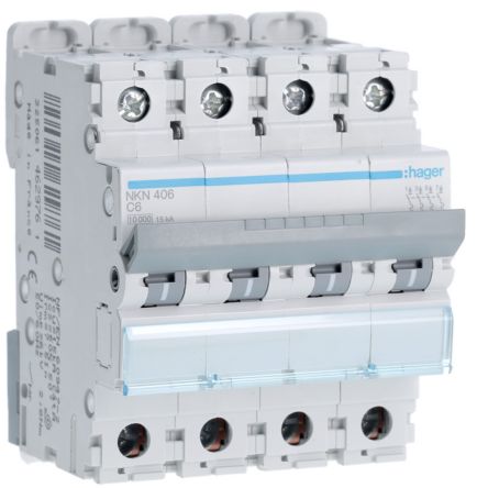 Hager Hager NKN Circuit Breaker, 4P, 6A Curve C, 400V AC, 15 kA Breaking Capacity [NKN406]; 599-801