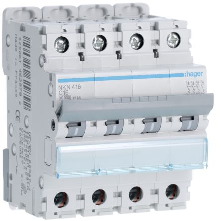 Hager Hager NKN Circuit Breaker, 4P, 16A Curve C, 400V AC, 15 kA Breaking Capacity [NKN416]; 599-802