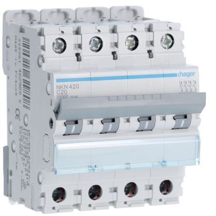Hager Hager NKN Circuit Breaker, 4P, 20A Curve C, 400V AC, 15 kA Breaking Capacity [NKN420]; 599-804