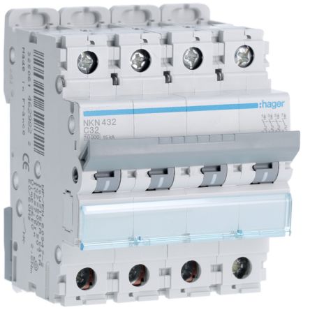 Hager Hager NKN Circuit Breaker, 4P, 32A Curve C, 400V AC, 15 kA Breaking Capacity [NKN432]; 599-805