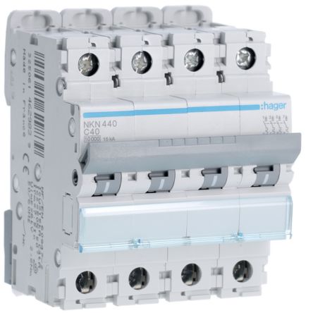 Hager Hager NKN Circuit Breaker, 4P, 40A Curve C, 400V AC, 15 kA Breaking Capacity [NKN440]; 599-806