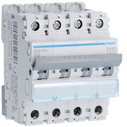 Hager Hager NKN Circuit Breaker, 4P, 50A Curve C, 400V AC, 15 kA Breaking Capacity [NKN450]; 599-807