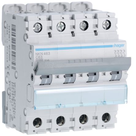 Hager Hager NKN Circuit Breaker, 4P, 63A Curve C, 400V AC, 15 kA Breaking Capacity [NKN463]; 599-808