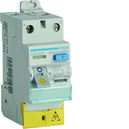 Hager CDA RCD Switch, 40A, 2 Pole, 30mA, Type A, 127 → 230V [CDA747F]; 599-822