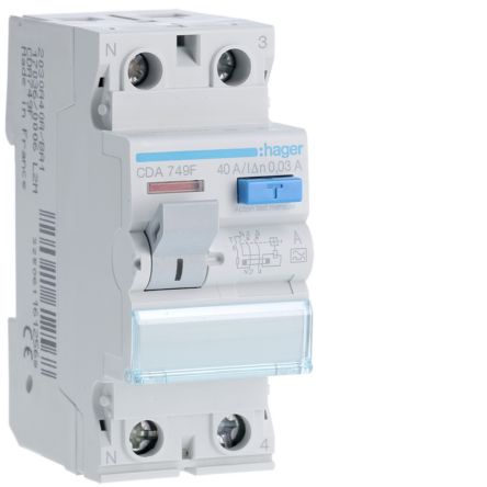 Hager CDA RCD Switch, 40A, 2 Pole, 30mA, Type A, 230V [CDA749F]; 599-823
