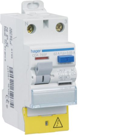 Hager CDA RCD Switch, 63A, 2 Pole, 30mA, Type A, 230V [CDA765F]; 599-824