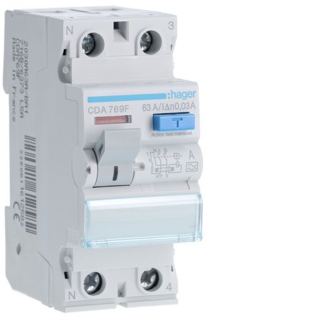 Hager CDA RCD Switch, 63A, 2 Pole, 30mA, Type A, 230V [CDA769F]; 599-826