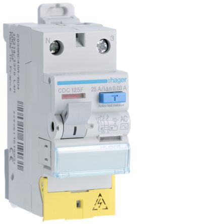 Hager CDC RCD Switch, 25A, 2 Pole, 25mA, Type AC, 230V [CDC125F]; 599-827