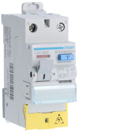 Hager CDC RCD Switch, 63A, 2 Pole, 30mA, Type AC, 230V [CDC163F]; 599-828