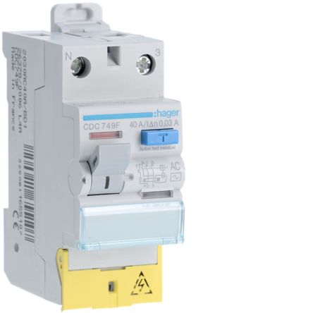 Hager CDC RCD Switch, 40A, 2 Pole, 30mA, Type AC, 127 → 230V [CDC749F]; 599-830