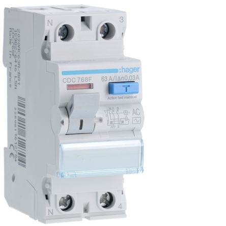 Hager CDC RCD Switch, 63A, 2 Pole, 30mA, Type AC, 230V [CDC768F]; 599-832