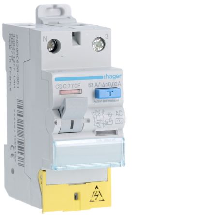 Hager CDC RCD Switch, 63A, 2 Pole, 30mA, Type AC, 127 → 230V [CDC770F]; 599-833