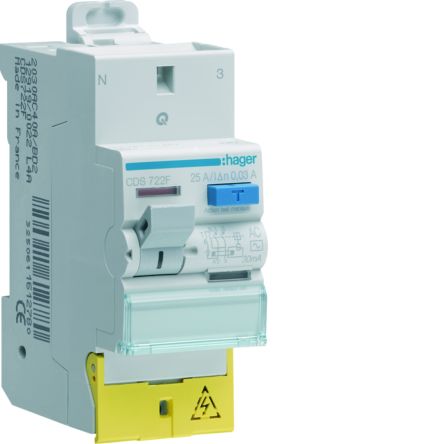 Hager CDS RCD Switch, 25A, 2 Pole, 30mA, Type AC, 230V [CDS722F]; 599-840
