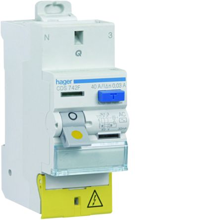 Hager CDS RCD Switch, 40A, 2 Pole, 30mA, Type AC, 230V [CDS742F]; 599-842