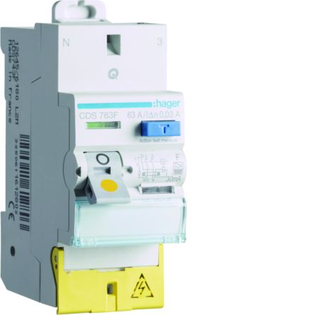 Hager CDS RCD Switch, 63A, 2 Pole, 30mA, Type F, 230V [CDS763F]; 599-843