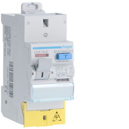 Hager CDS RCD Switch, 63A, 2 Pole, 30mA, Type AC, 230V [CDS764F]; 599-844