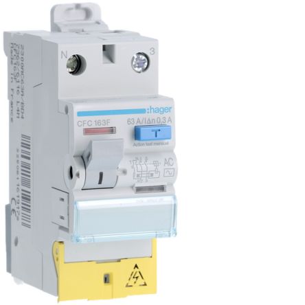 Hager CFC RCD Switch, 63A, 2 Pole, 300mA, Type AC, 230V [CFC163F]; 599-849