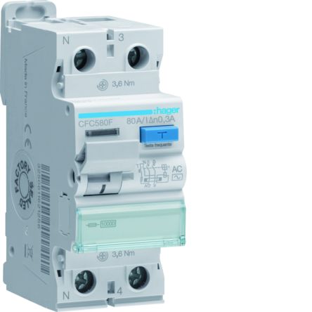 Hager CFC RCD Switch, 80A, 2 Pole, 300mA, Type AC, 230V [CFC580F]; 599-850