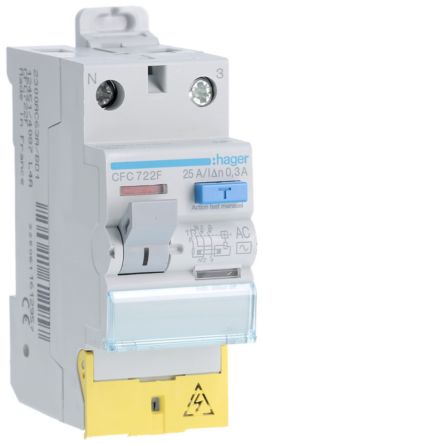 Hager CFC RCD Switch, 25A, 2 Pole, 300mA, Type AC, 230V [CFC722F]; 599-851