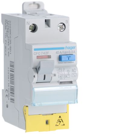 Hager CFC RCD Switch, 40A, 2 Pole, 300mA, Type AC, 230V [CFC742F]; 599-852