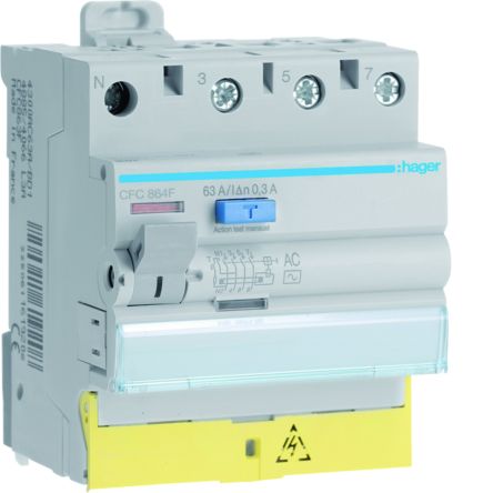 Hager CFC RCD Switch, 63A, 4 Pole, 300mA, Type AC, 230 → 400V [CFC864F]; 599-854