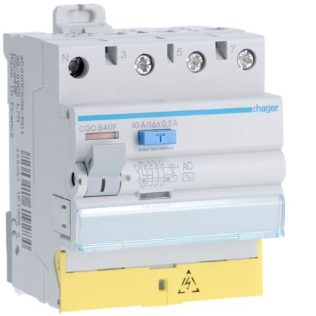 Hager CGC RCD Switch, 40A, 4 Pole, 500mA, Type AC, 230 → 400V [CGC840F]; 599-855