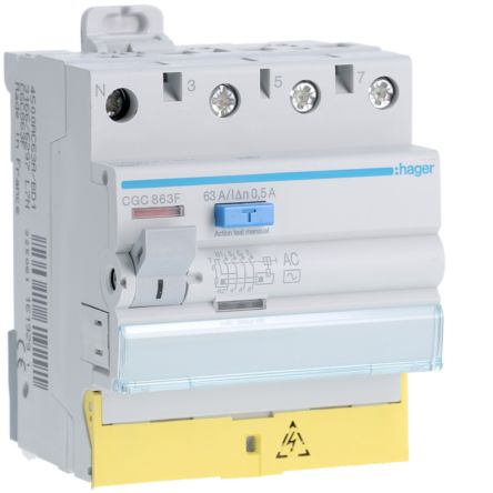 Hager CGC RCD Switch, 63A, 4 Pole, 500mA, Type AC, 230 → 400V [CGC863F]; 599-856
