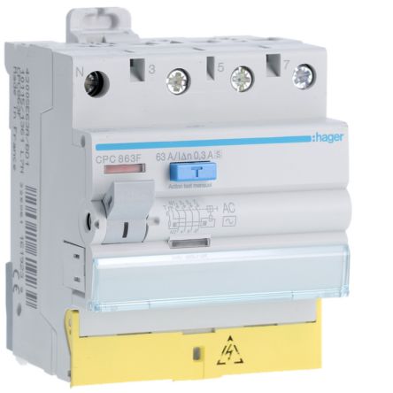 Hager CPC RCD Switch, 63A, 4 Pole, 300mA, Type AC, 230 → 400V [CPC863F]; 599-858