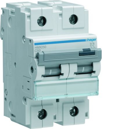 Hager Hager HMX Circuit Breaker, 2P, 50A Curve C, 415V AC, 50 kA Breaking Capacity [HMX250]; 599-867