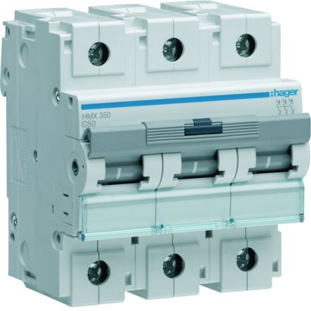Hager Hager HMX Circuit Breaker, 3P, 50A Curve C, 415V AC, 50 kA Breaking Capacity [HMX350]; 599-873