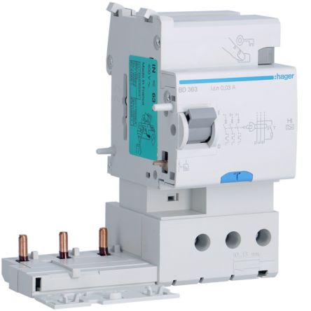 Hager BD RCD, 63A, 3 Pole, 30mA, Type A-HI, 500V [BD363]; 599-880