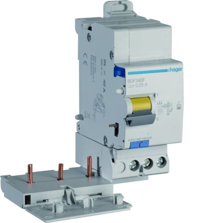 Hager BDF RCD, 40A, 3 Pole, 30mA, Type F, 500V [BDF340F]; 599-883
