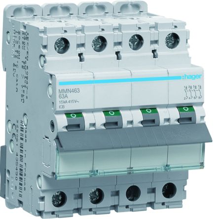 Hager Hager MMN Circuit Breaker, 4P, 63A, Type AC, 415V AC, 15 kA Breaking Capacity [MMN463]; 599-895