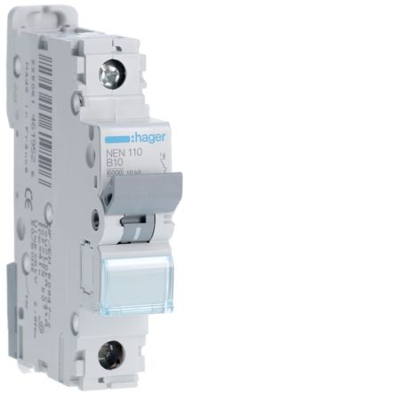 Hager Hager NEN Circuit Breaker, 1P, 10A Curve B, 230 → 400V AC, 10 kA Breaking Capacity [NEN110]; 599-896