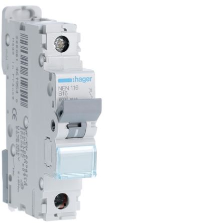 Hager Hager NEN Circuit Breaker, 1P, 16A Curve B, 230 → 400V AC, 10 kA Breaking Capacity [NEN116]; 599-898
