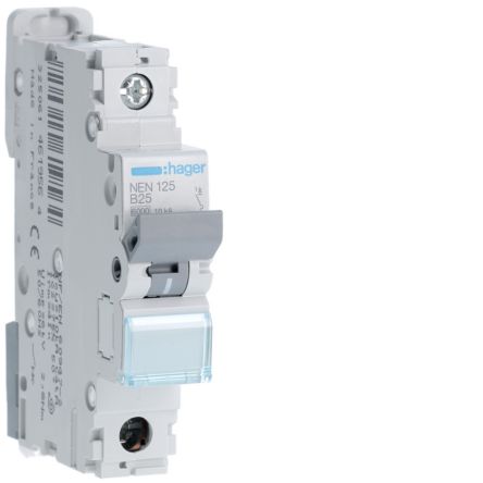 Hager Hager NEN Circuit Breaker, 1P, 25A Curve B, 230 → 400V AC, 10 kA Breaking Capacity [NEN125]; 599-899