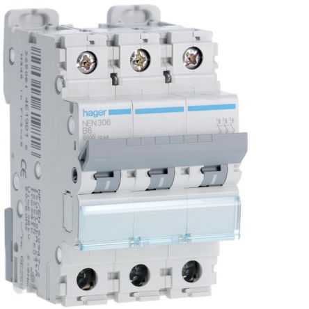 Hager Hager NEN Circuit Breaker, 3P, 6A Curve B, 400V AC, 10 kA Breaking Capacity [NEN306]; 599-901