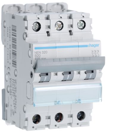 Hager Hager NEN Circuit Breaker, 3P, 20A Curve B, 400V AC, 10 kA Breaking Capacity [NEN320]; 599-902