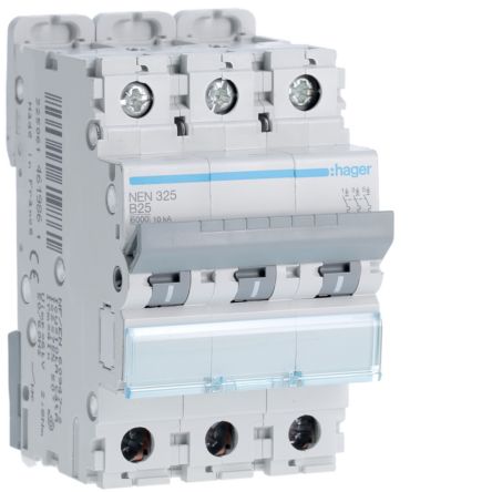 Hager Hager NEN Circuit Breaker, 3P, 25A Curve B, 400V AC, 10 kA Breaking Capacity [NEN325]; 599-903