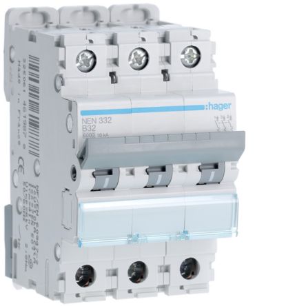 Hager Hager NEN Circuit Breaker, 3P, 32A Curve B, 400V AC, 10 kA Breaking Capacity [NEN332]; 599-905